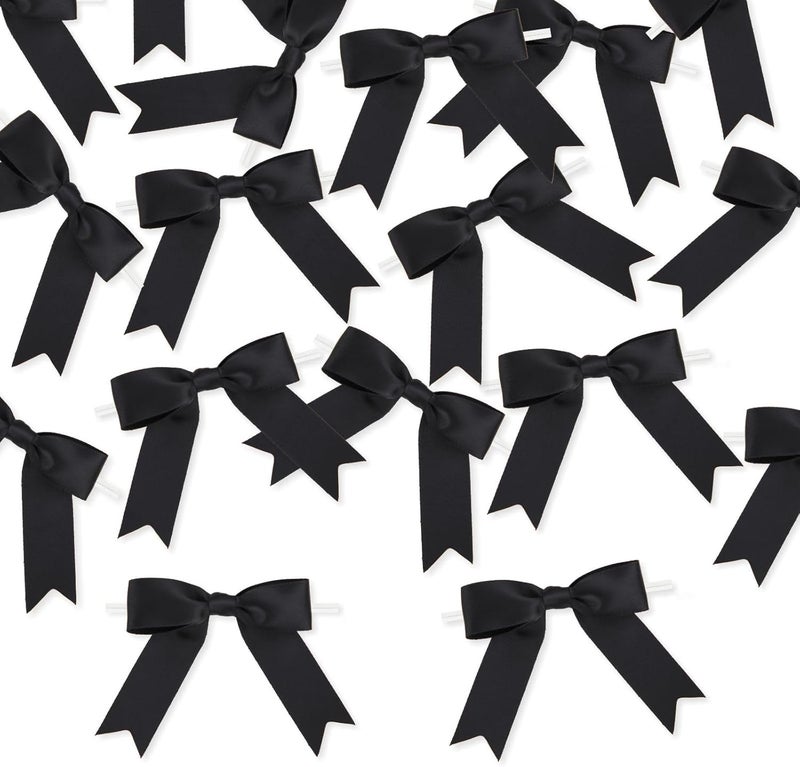 Meseey 50 Pcs 3 Inches Twist Tie Satin Ribbon Bows Black Pretied Premade Craft Bows for Treat Bags Gift Wrapping Basket Wedding Baby Shower Brithday Christmas Party (3", Black) - Image 3